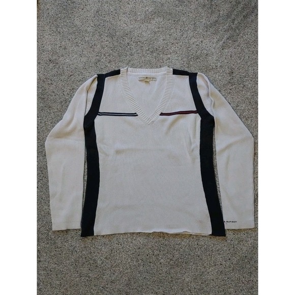 Vintage Y2K Tommy Hilfiger White Ribbed Logo Stripe V-Neck Sweater Women's Large - Picture 1 of 11